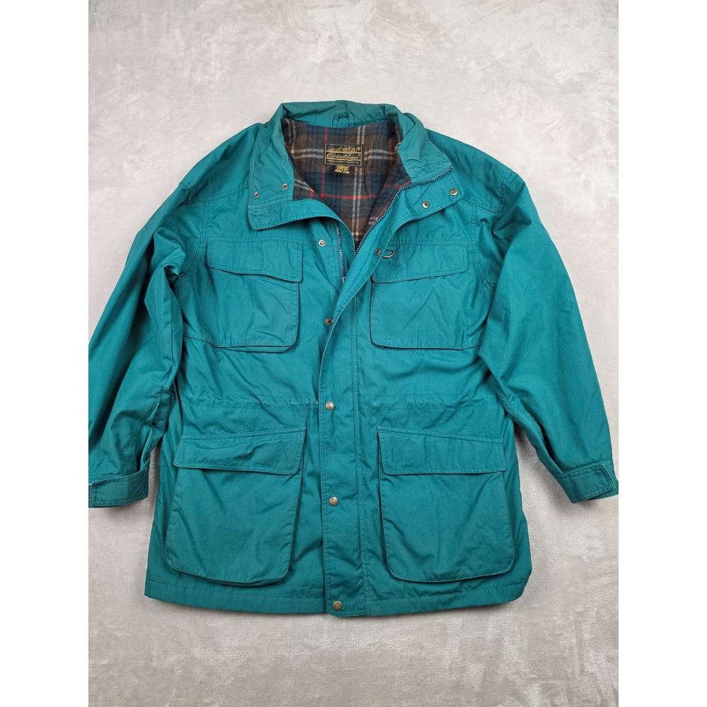 Vintage Eddie Bauer Mountain Parka Men L Teal Wool Lined Plaid Chore Barn Jacket